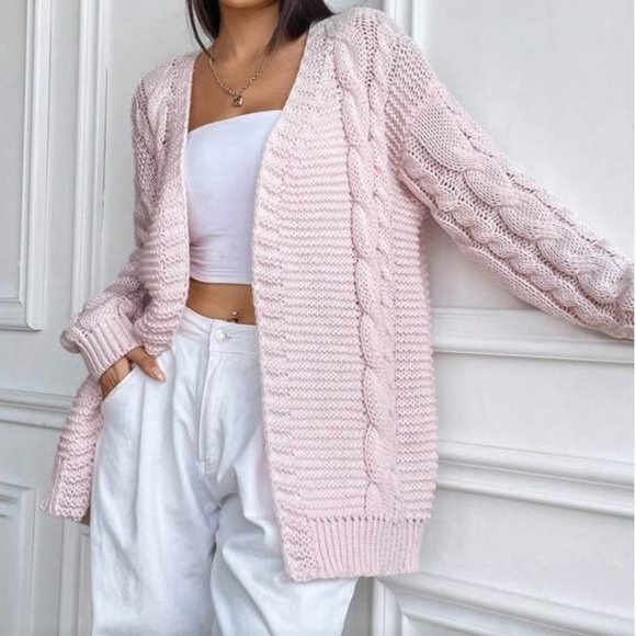 Sweaters - Pink Cable Knit Drop Shoulder Duster Cardigan